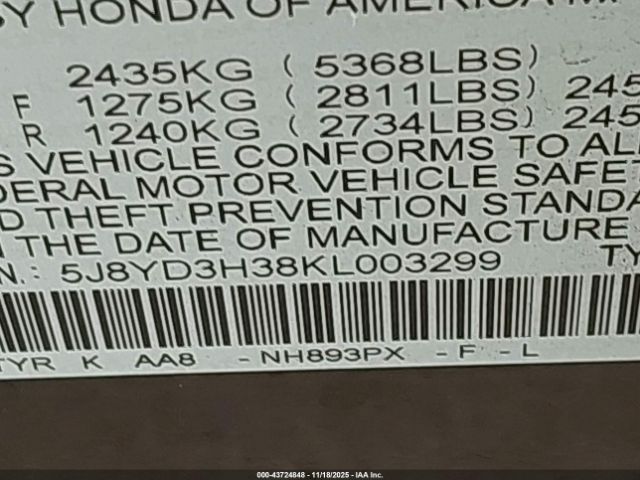 2019 ACURA MDX 5J8YD3H38KL003299 Photo 8
