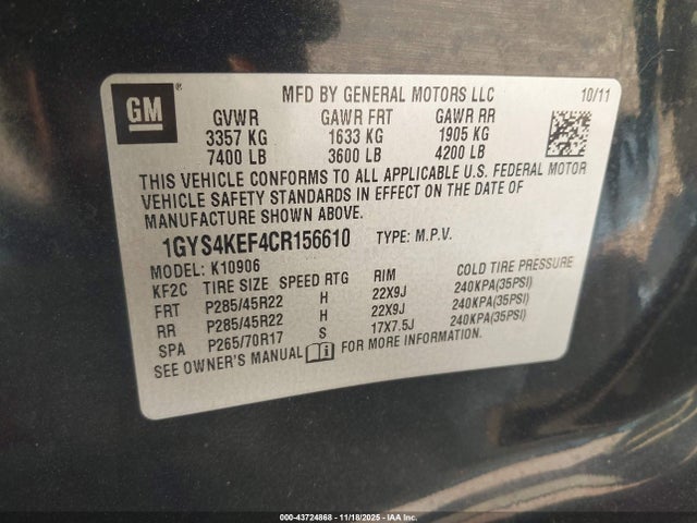 2012 CADILLAC ESCALADE ESV 1GYS4KEF4CR156610 Photo 8