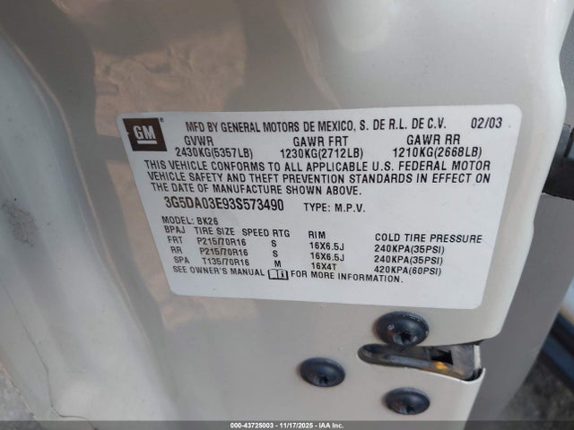 Aukcja sprzedaży 2003 Buick Rendezvous Cxl, vin: 3G5DA03E93S573490, numer aukcji: 43725003