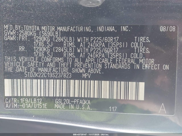2009 Toyota Sienna Xle მანქანა იყიდება აუქციონზე, vin: 5TDZK22C19S237823, აუქციონის ნომერი: 43725147