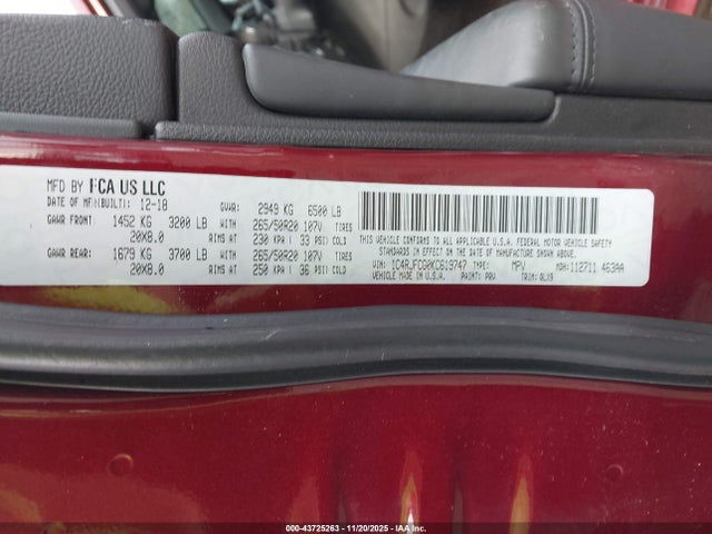Aukcja sprzedaży 2019 Jeep Grand Cherokee High Altitude 4x4, vin: 1C4RJFCG0KC619747, numer aukcji: 43725263