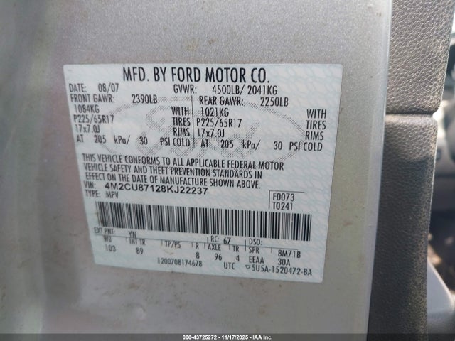 Продаж на аукціоні авто 2008 Mercury Mariner Premier, vin: 4M2CU87128KJ22237, номер лоту: 43725272