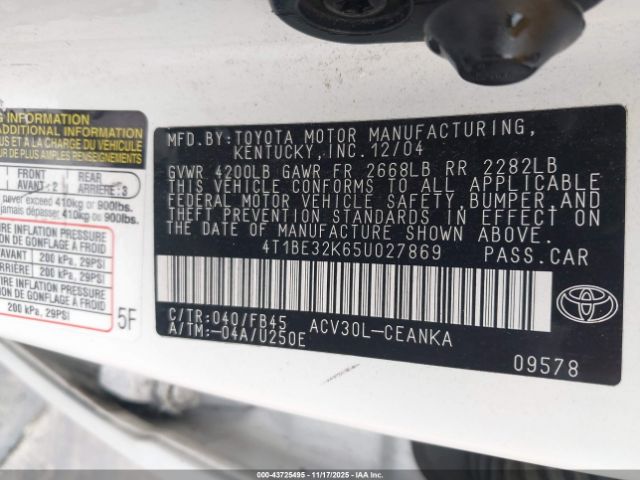 2005 TOYOTA CAMRY 4T1BE32K65U027869 Photo 8