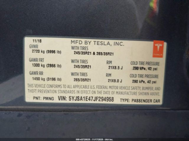 2018 TESLA MODEL S 5YJSA1E47JF294958 Photo 8