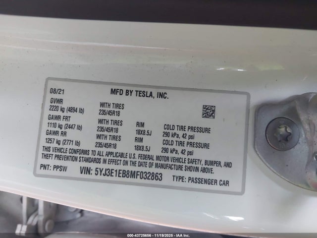 2021 TESLA MODEL 3 5YJ3E1EB8MF032863 Photo 8