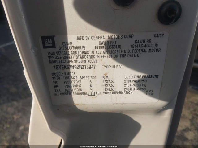 2002 CADILLAC ESCALADE 1GYEK63N92R278947 Photo 8