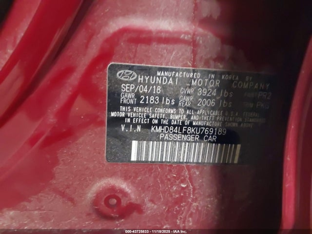 Aukcja sprzedaży 2019 Hyundai Elantra Sel, vin: KMHD84LF8KU769189, numer aukcji: 43725833