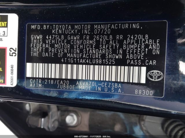 2020 TOYOTA CAMRY 4T1G11AK4LU981525 Photo 8