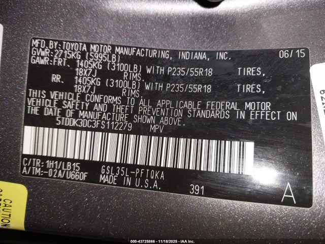 5TDDK3DC3FS112279 Toyota Sienna Limited Premium 7 Passenger
