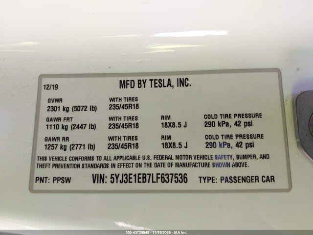2020 TESLA MODEL 3 5YJ3E1EB7LF637536 Photo 8