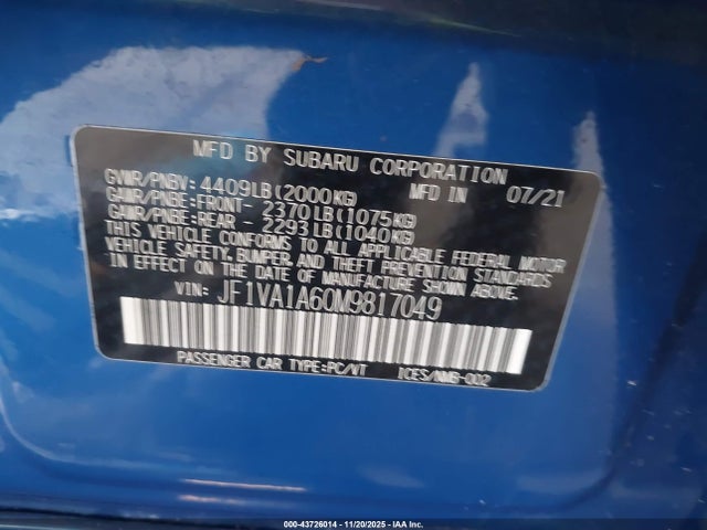 Subaru WRX 2021 JF1VA1A60M9817049 Image 9