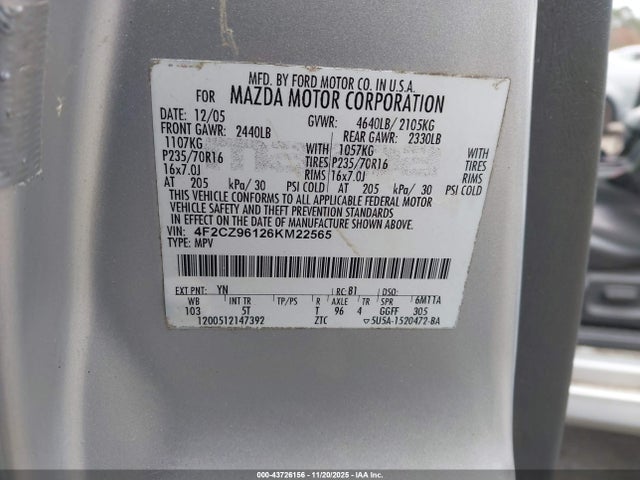 Aukcja sprzedaży 2006 Mazda Tribute S, vin: 4F2CZ96126KM22565, numer aukcji: 43726156