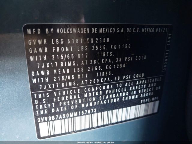 2021 VOLKSWAGEN TIGUAN 3VV3B7AX0MM157673 Photo 8