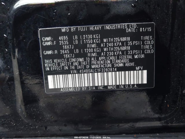 4S4BSALC1F3282814 Subaru Outback 2.5i Limited