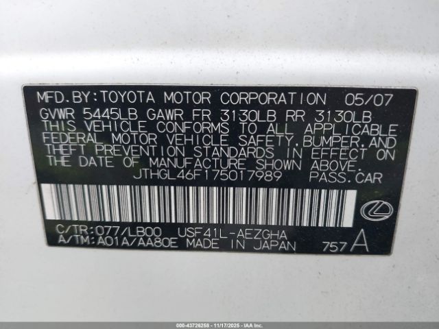 2007 LEXUS LS 460 JTHGL46F175017989 Photo 8