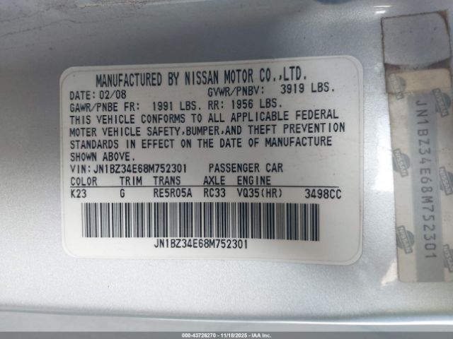 2008 NISSAN 350Z JN1BZ34E68M752301 Photo 8