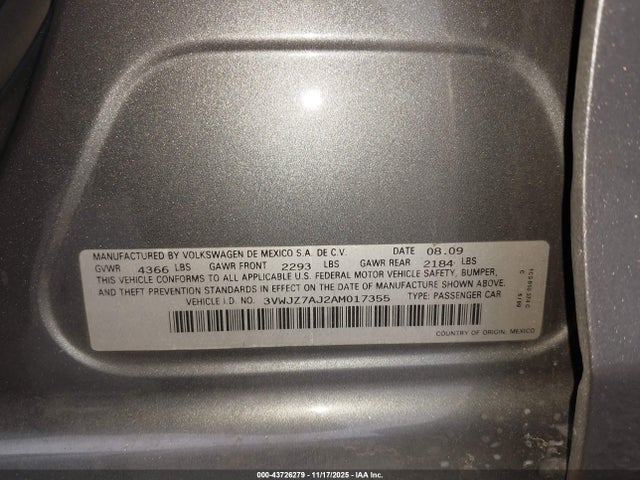 Продаж на аукціоні авто 2010 Volkswagen Jetta S, vin: 3VWJZ7AJ2AM017355, номер лоту: 43726279