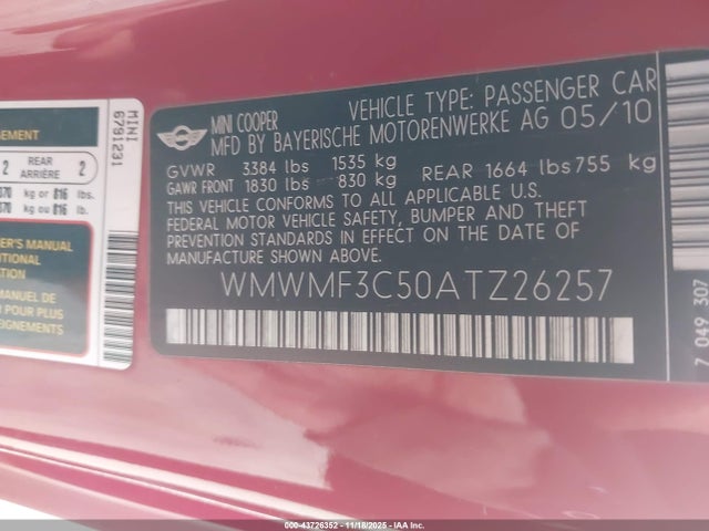 2010 MINI COOPER WMWMF3C50ATZ26257 Photo 8