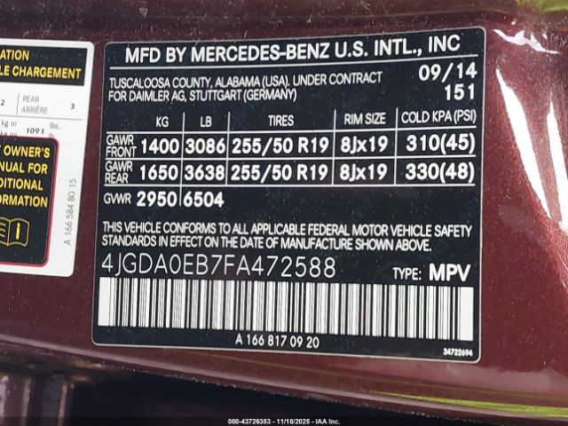 2015 MERCEDES-BENZ ML 250 BLUETEC 4JGDA0EB7FA472588 Photo 8