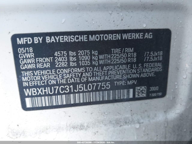 43726399 :رقم المزاد ، WBXHU7C31J5L07755 vin ، 2018 Bmw X1 Sdrive28i مزاد بيع