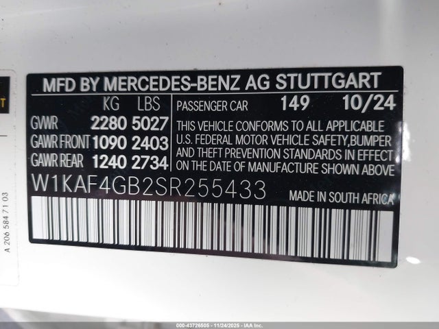 Aukcja sprzedaży 2025 Mercedes-benz C 300, vin: W1KAF4GB2SR255433, numer aukcji: 43726505
