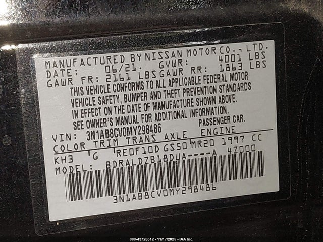 3N1AB8CV0MY298486 Nissan Sentra Sv Xtronic Cvt