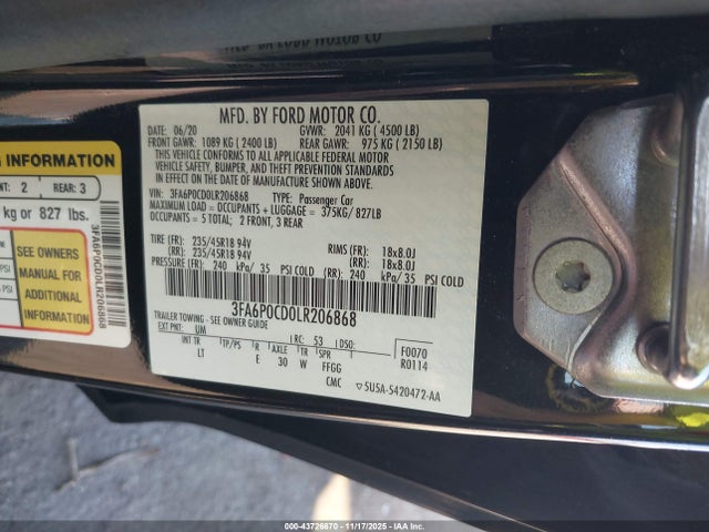 43726670 :رقم المزاد ، 3FA6P0CD0LR206868 vin ، 2020 Ford Fusion Sel مزاد بيع