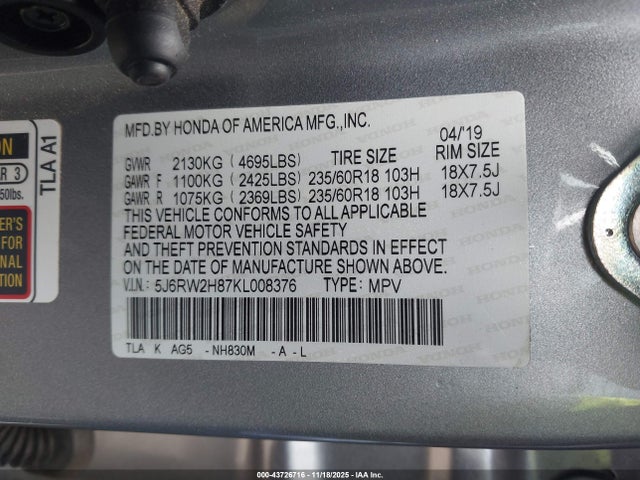 Honda Cr-v Ex-l 2019 5J6RW2H87KL008376 Image 9
