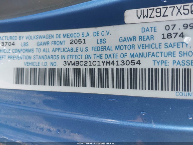Aukcja sprzedaży 2000 Volkswagen New Beetle Gl, vin: 3VWBC21C1YM413054, numer aukcji: 43726891