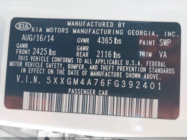 5XXGM4A76FG392401 KIA Optima Lx