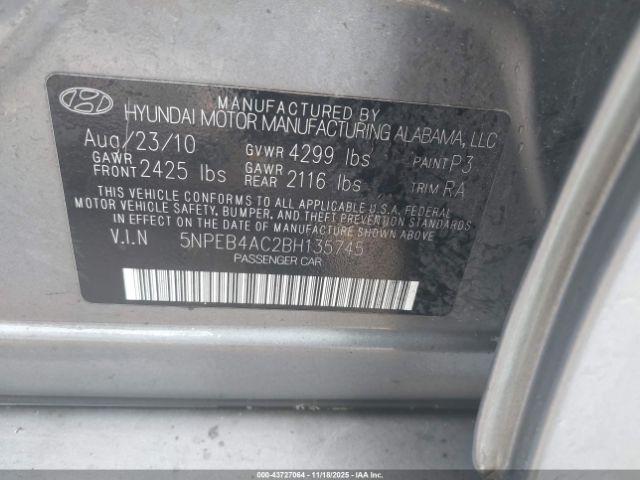 2011 HYUNDAI SONATA 5NPEB4AC2BH135745 Photo 8