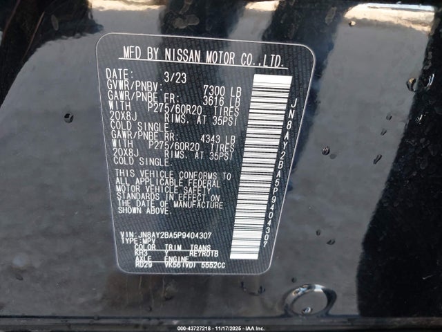 Продаж на аукціоні авто 2023 Nissan Armada Sl 2wd, vin: JN8AY2BA5P9404307, номер лоту: 43727218