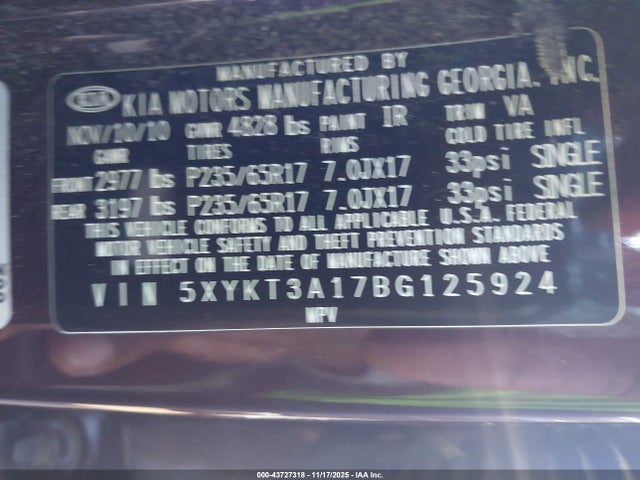 Aukcja sprzedaży 2011 Kia Sorento Lx, vin: 5XYKT3A17BG125924, numer aukcji: 43727318