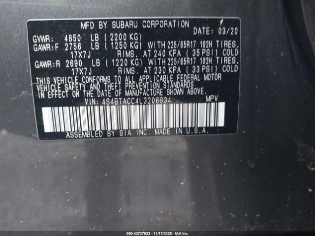 2020 SUBARU OUTBACK 4S4BTACC4L3206934 Photo 8