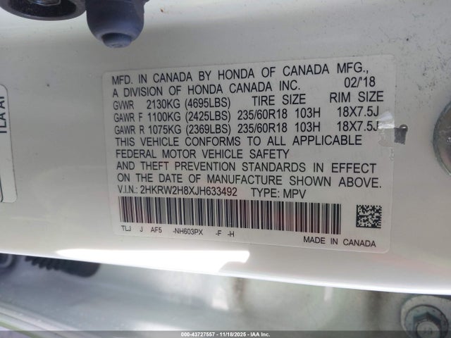 43727557 :رقم المزاد ، 2HKRW2H8XJH633492 vin ، 2018 Honda Cr-v Ex-l/ex-l Navi مزاد بيع