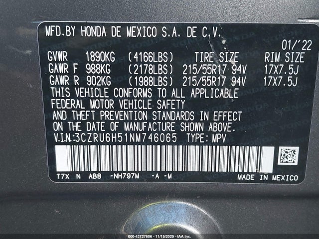 3CZRU6H51NM746065 Honda Hr-v Awd Ex
