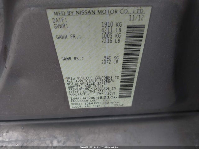 Aukcja sprzedaży 2013 Nissan Altima 2.5 S, vin: 1N4AL3AP2DN482106, numer aukcji: 43727629