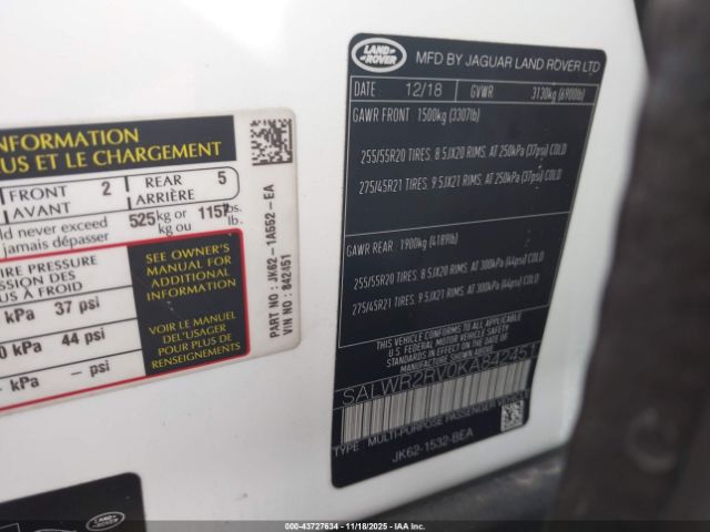 2019 LAND ROVER RANGE ROVER SPORT SALWR2RV0KA842451 Photo 8