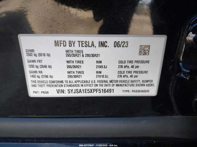 2023 TESLA MODEL S 5YJSA1E5XPF516491 Photo 8