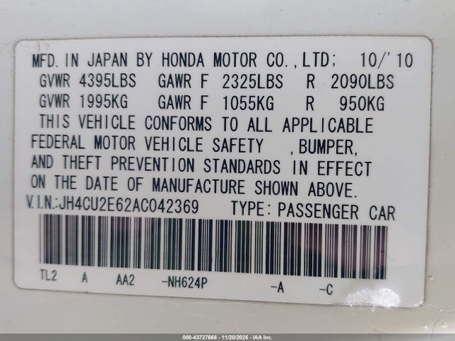 43727668 :رقم المزاد ، JH4CU2E62AC042369 vin ، 2010 Acura Tsx 2.4 مزاد بيع