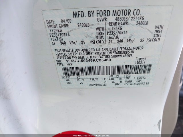 43727700 :رقم المزاد ، 1FMCU59349KC05460 vin ، 2009 Ford Escape Hybrid Limited مزاد بيع