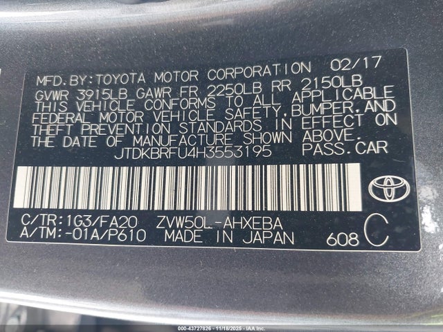 JTDKBRFU4H3553195 Toyota Prius Two
