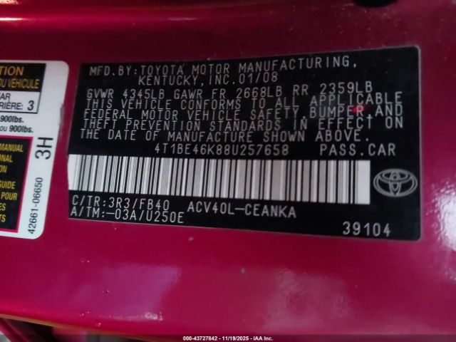 2008 TOYOTA CAMRY 4T1BE46K88U257658 Photo 8