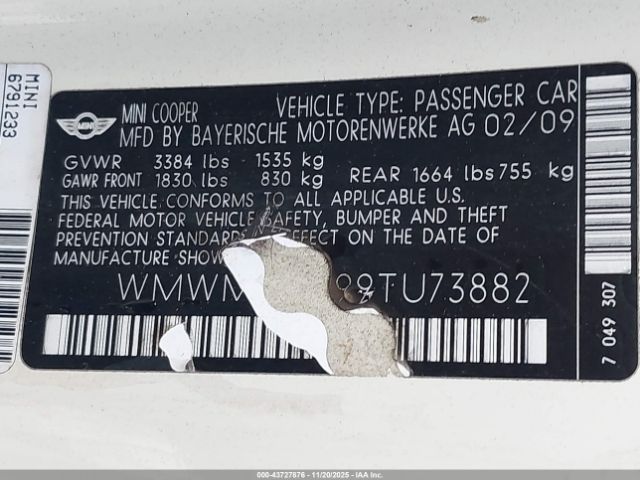 2009 MINI COOPER WMWMF33599TU73882 Photo 8
