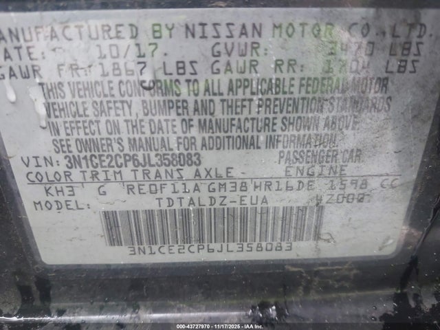 3N1CE2CP6JL358083 Nissan Versa Note Sv