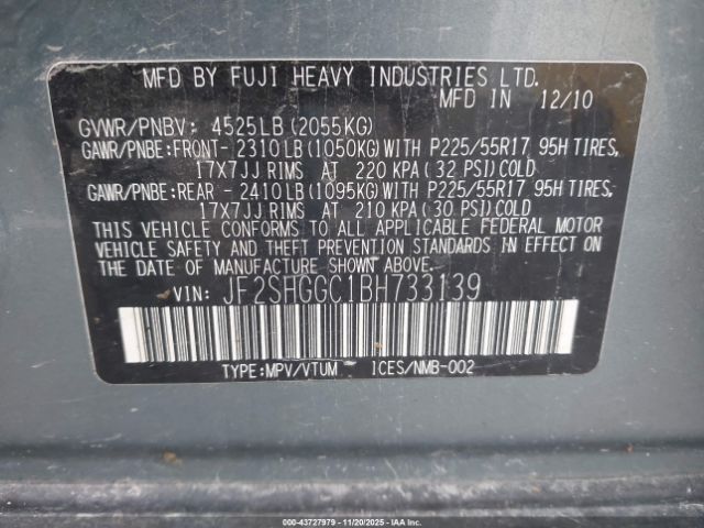 2011 SUBARU FORESTER JF2SHGGC1BH733139 Photo 8