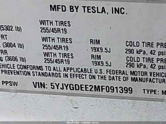 2021 TESLA MODEL Y 5YJYGDEE2MF091399 Photo 8