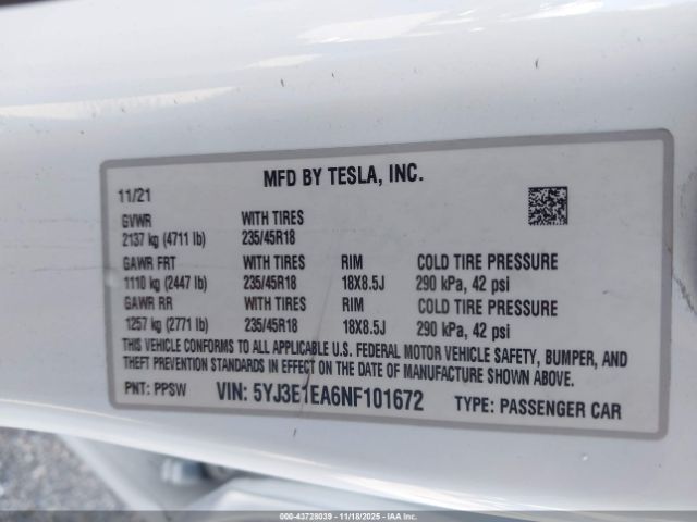 2022 TESLA MODEL 3 5YJ3E1EA6NF101672 Photo 8