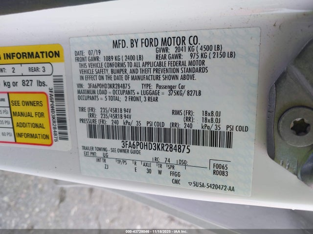 Ford FUSION SE 2019 3FA6P0HD3KR284875 Image 9