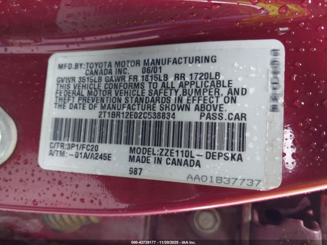 2002 TOYOTA COROLLA 2T1BR12E02C538834 Photo 8